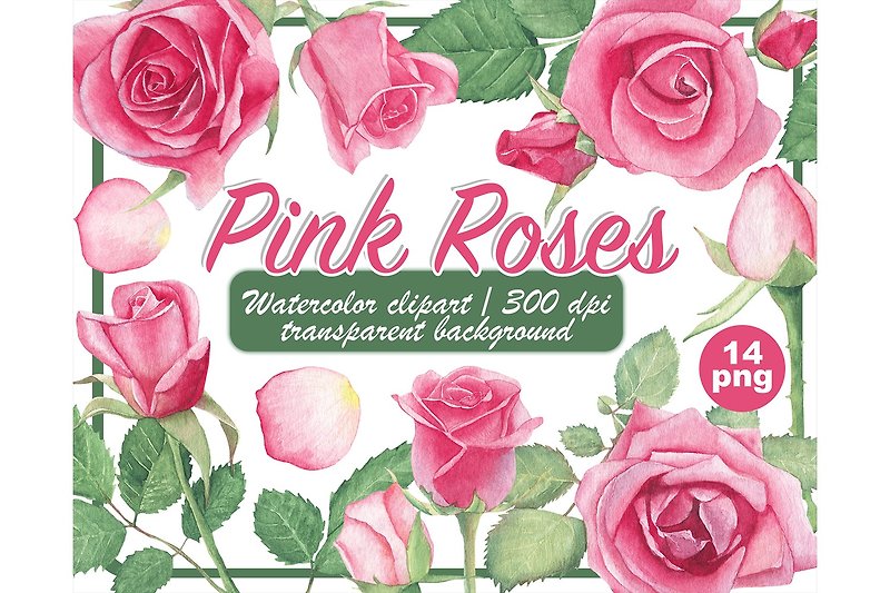 Watercolor pink roses clipart set - Pastel Floral png - Illustration, Painting & Calligraphy - Other Materials Pink