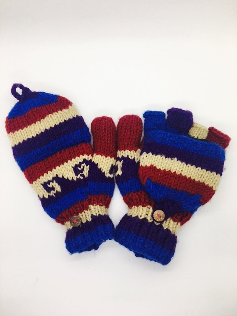 ネパール100％ウール厚い手編みの純粋なウールの手袋 - 青メートルX X赤波形スタイル - 手袋 - ウール 多色