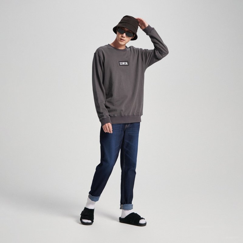 EDWIN BOX LOGO embroidered thick long-sleeved T-shirt - Men's style (dark gray) #Top - เสื้อฮู้ด - ผ้าฝ้าย/ผ้าลินิน สีเทา