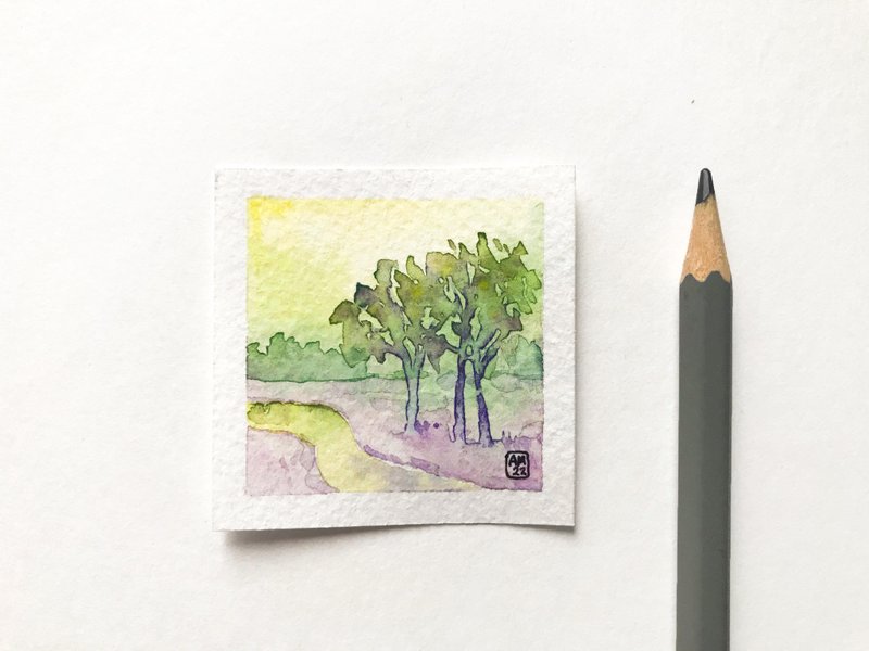 Original tiny watercolor art Mini painting on paper Small wall art 2 x 2 inches - Wall Décor - Paper Green