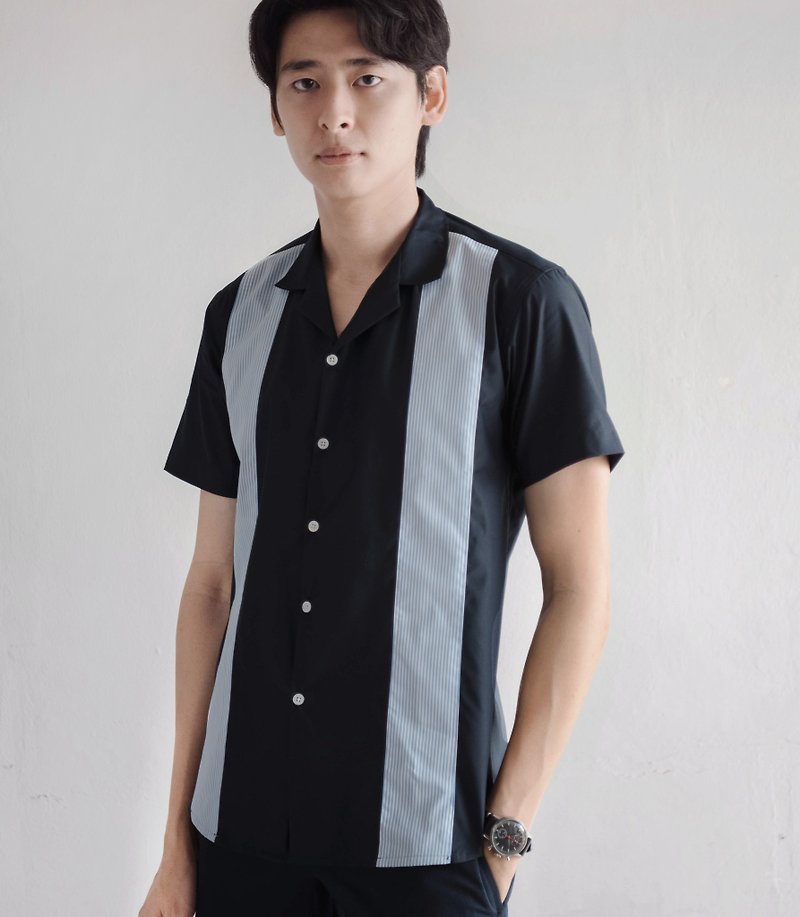 Navy with stripe flowing shirt - 男裝 恤衫 - 棉．麻 藍色