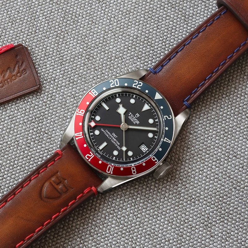 ブラウンウォッチストラップ PEPSI for Tudor GMT, 本革ヴィンテージウォッチバンド - 腕時計ベルト - 革 ブラウン