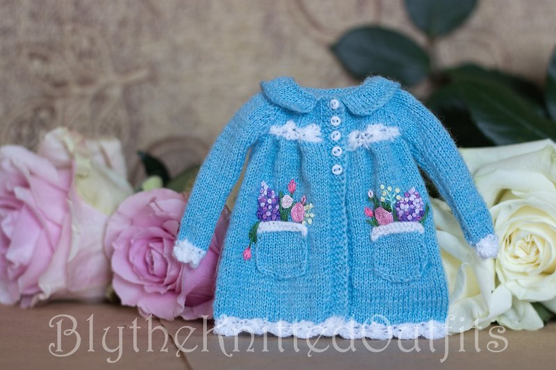 Blue  knitted with embroidered  cardigan for  Blythe Pullip  Gift for your doll - Board Games & Toys - Wool 