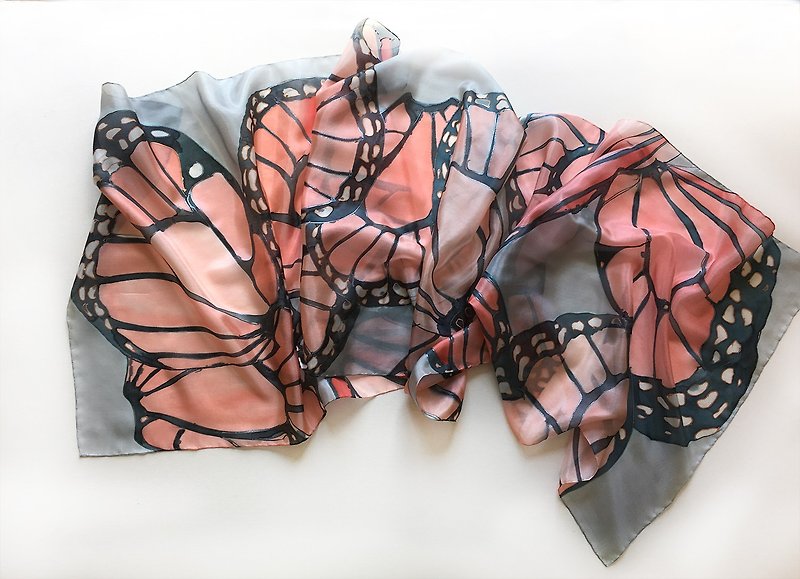 Hand painted silk scarf- Coral Butterfly/ Butterfly Wings scarf - 絲巾 - 絲．絹 多色