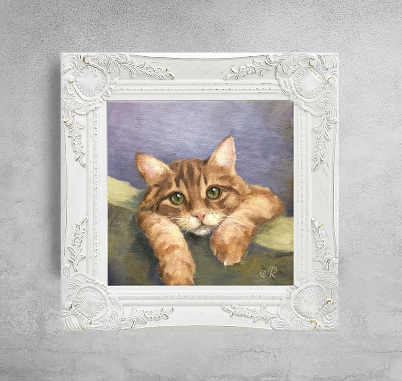 Cat Painting Original Oil Painting Home Decor Art - โปสเตอร์ - วัสดุอื่นๆ สีส้ม