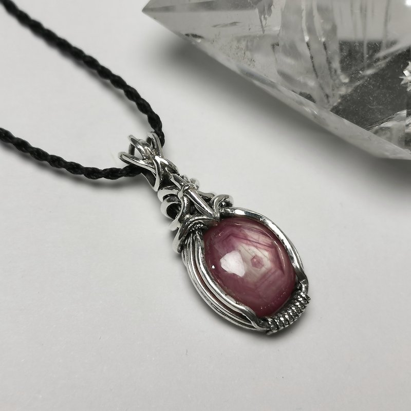 Starlight Ruby-Sterling Silver Braided Design Pendant/With Waterproof Wax Thread Necklace/Adjustable Length - Necklaces - Gemstone Red