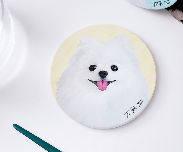 白リスポメラニアン犬 丸いセラミックウォーターコースター 動物 家庭用品 ショップ Thepawface コースター Pinkoi
