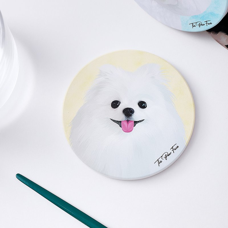White Pomeranian-round ceramic absorbent coaster/animal/homeware - ที่รองแก้ว - ดินเผา 
