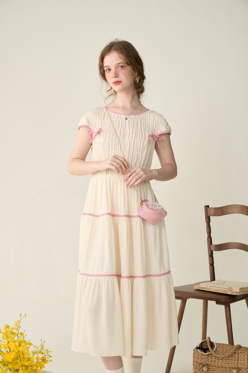 vintage retro bird grocery store pleated dress - ชุดเดรส - วัสดุอื่นๆ สีเหลือง