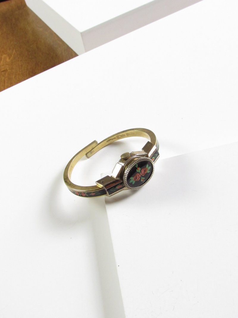 Vintage Chateau Oval Floral Black Gold Ladies Watch - 女錶 - 琺瑯 多色