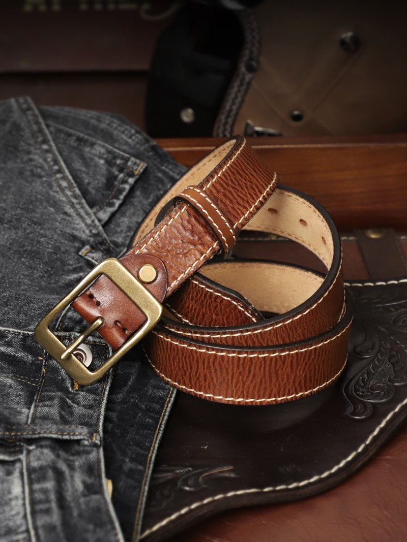 Retro Genuine Leather Men's Belt Handmade Cowhide Width 3.8cm Waist Belt Male - เข็มขัด - หนังแท้ สีนำ้ตาล