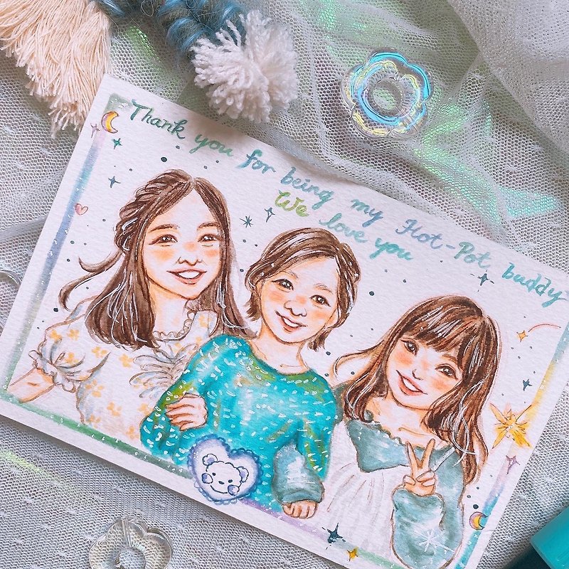 A6 size three-person hand-painted card/small mochi illustration/customized face painting/hand-painted card - ภาพวาดบุคคล - กระดาษ หลากหลายสี