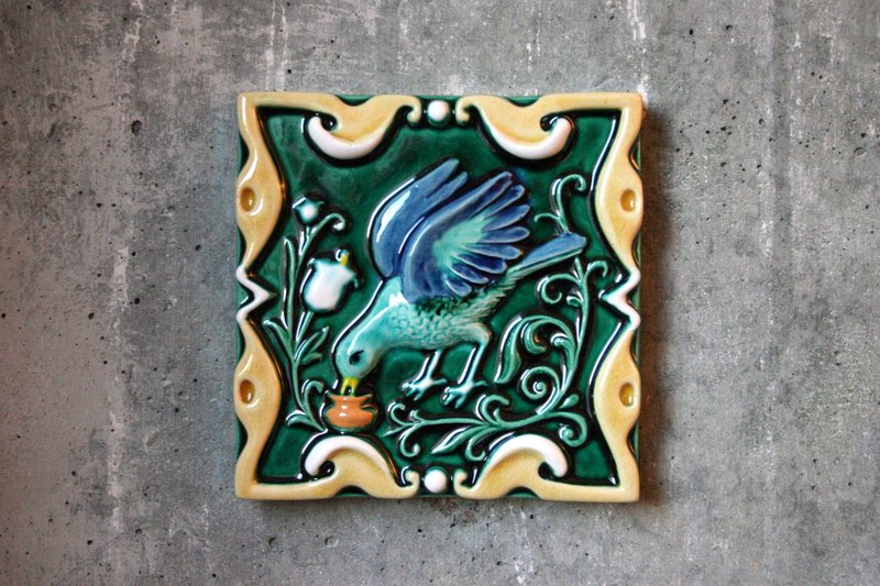 Nightingale ceramic relief handpainted tile Wall hanging bird decor majolica - Wall Décor - Clay Green