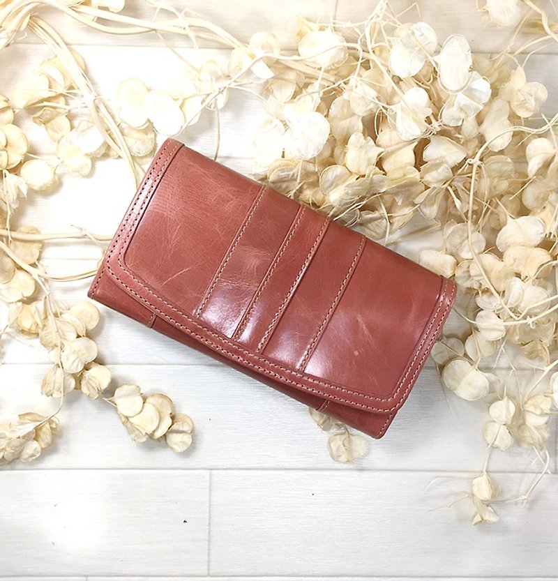 015PK Long wallet / leather stripe color scheme Long wallet / stripe / petite / leather / leather / flap / beautiful wrapping / scalp / packing / leather / leather / lid / beauty - กระเป๋าสตางค์ - หนังแท้ สึชมพู