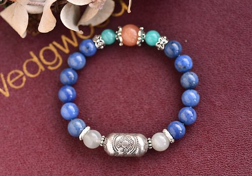 CaWaiiDaisy Handmade Jewelry 藍線石+雙色月光石+天河石+純銀花朵銀飾手鍊