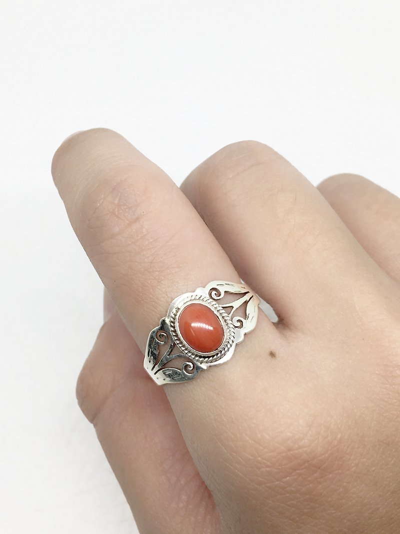 Coral stone 925 sterling silver carved design ring Nepal handmade mosaic production (style 1) - General Rings - Gemstone Red