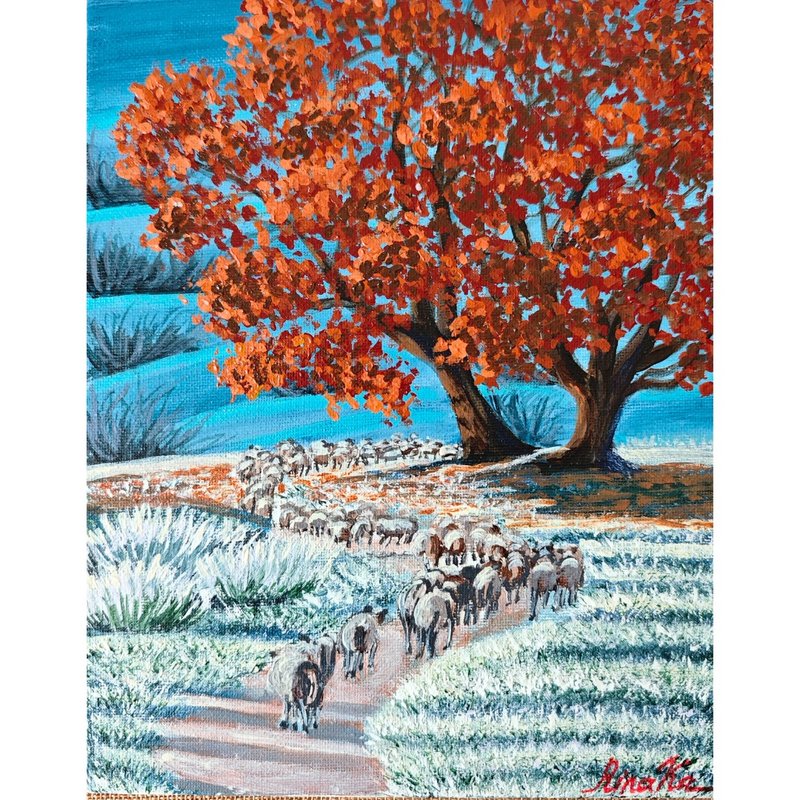 冬季風景與羊群雪景原創藝術畫作 作者 RinaArtSK - 壁貼/牆壁裝飾 - 其他材質 多色