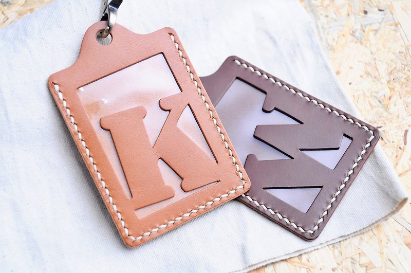 Initial letter A to Z English letter ID cover, good sewing leather material bag card holder vegetable tanned card holder - ID & Badge Holders - Genuine Leather Brown
