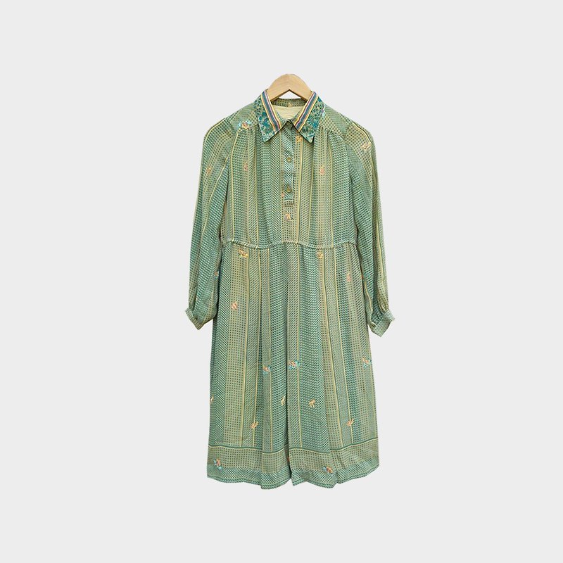 Ancient geometric little rabbit grass green pleated dress 033 - One Piece Dresses - Polyester Green