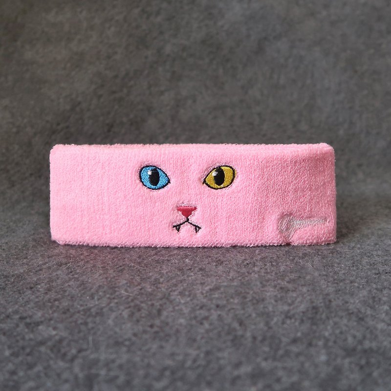 貓咪系列-刺繡貓咪運動頭帶-粉紅貓 - 髮帶/髮箍 - 棉．麻 粉紅色