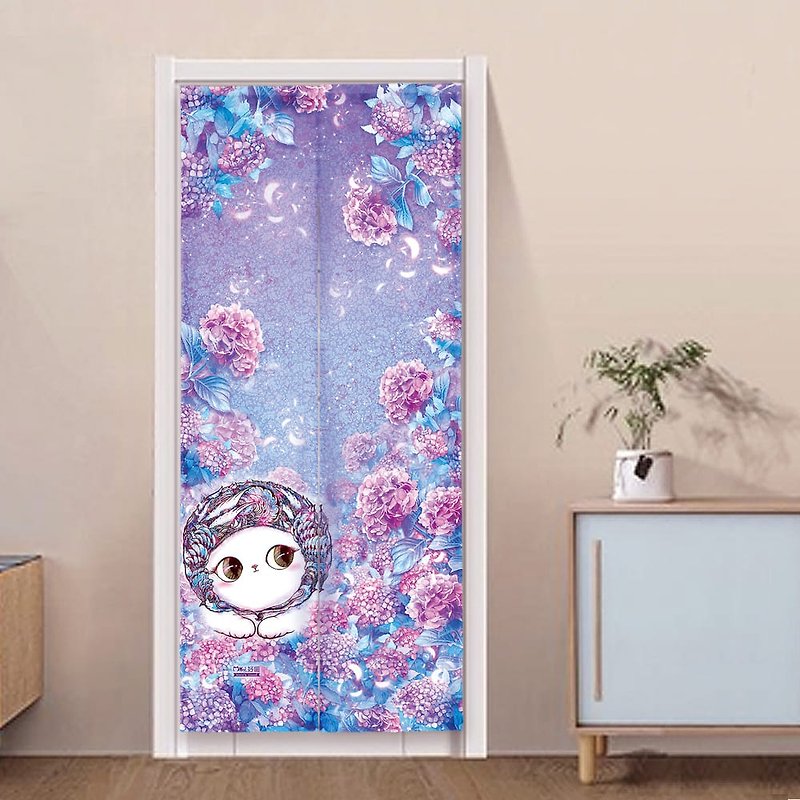 Long Canvas Door Curtain | Home Furnishing | Washable Color-Hydrangea • Playful and Warm Cat - Doorway Curtains & Door Signs - Cotton & Hemp Blue