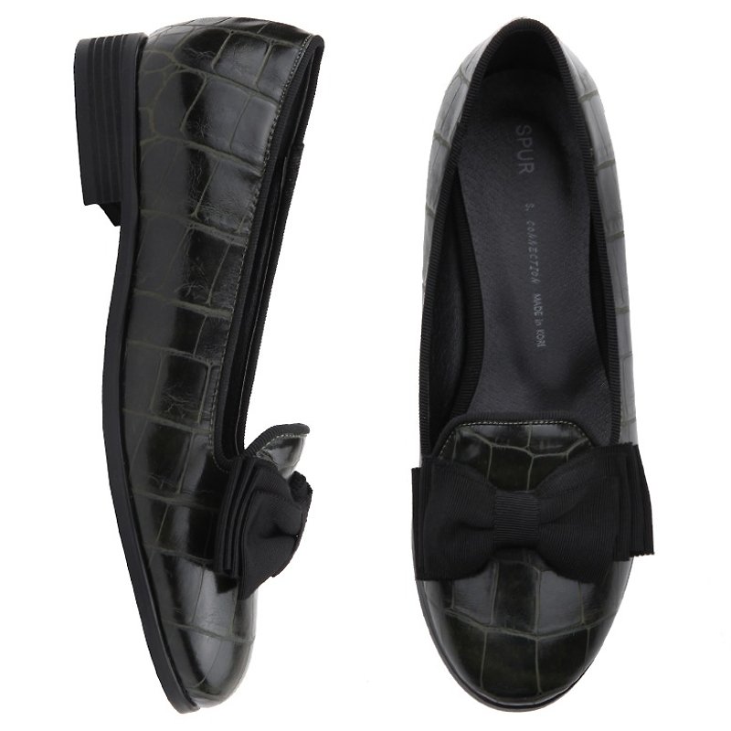 SPUR Black ribbon crocodile flats HF8016 KHAKI - รองเท้าอ็อกฟอร์ดผู้หญิง - หนังแท้ สีดำ