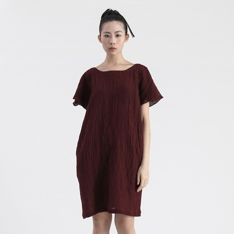 【訂製】棉麻短袖褶皺洋裝 連身裙 - 洋裝/連身裙 - 棉．麻 紅色