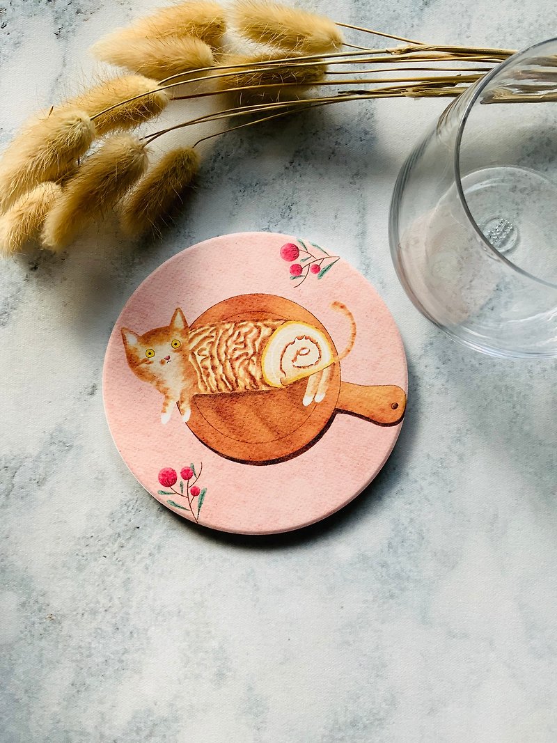 Tiger cat cake l round l absorbent coaster powder - Coasters - Pottery 