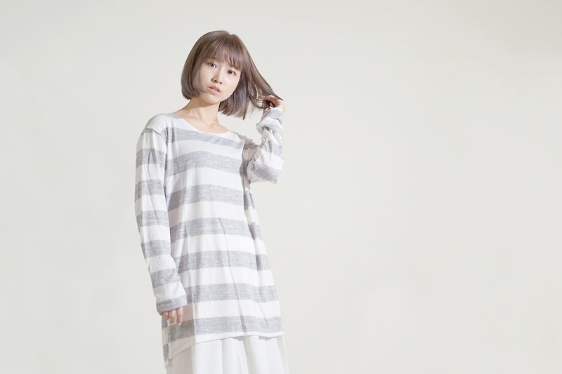 [X-BLIND] Comfortable casual striped long top (dark gray, light gray) - Women's Tops - Cotton & Hemp Gray