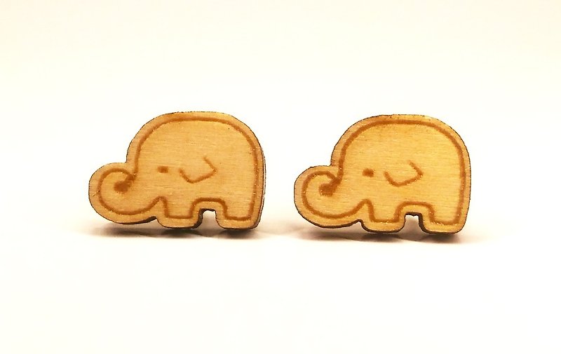 【Small elephant】Plain wooden earrings - ต่างหู - ไม้ 