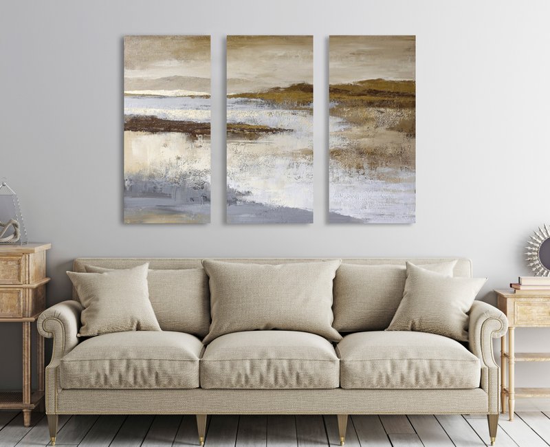 Grey cream brown wall art | Cream Gold Grey Abstract | Calabria 3 Triptych - 壁貼/牆壁裝飾 - 棉．麻 咖啡色