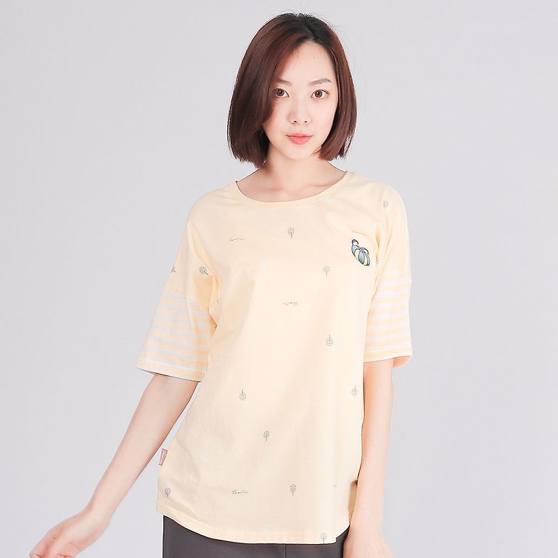 Umorfil Beauty Collagen Stitching Sequined Pumpkin Crew Neck Shirt-Light Yellow Striped Summer Wear - เสื้อยืดผู้หญิง - ผ้าฝ้าย/ผ้าลินิน สีเหลือง