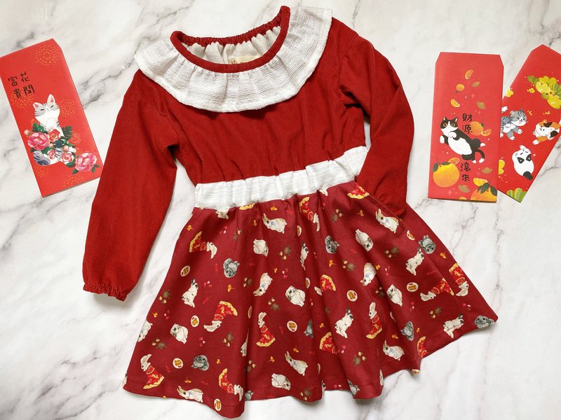 Spot new year bunny girl dress - เสื้อยืด - ผ้าฝ้าย/ผ้าลินิน สีแดง