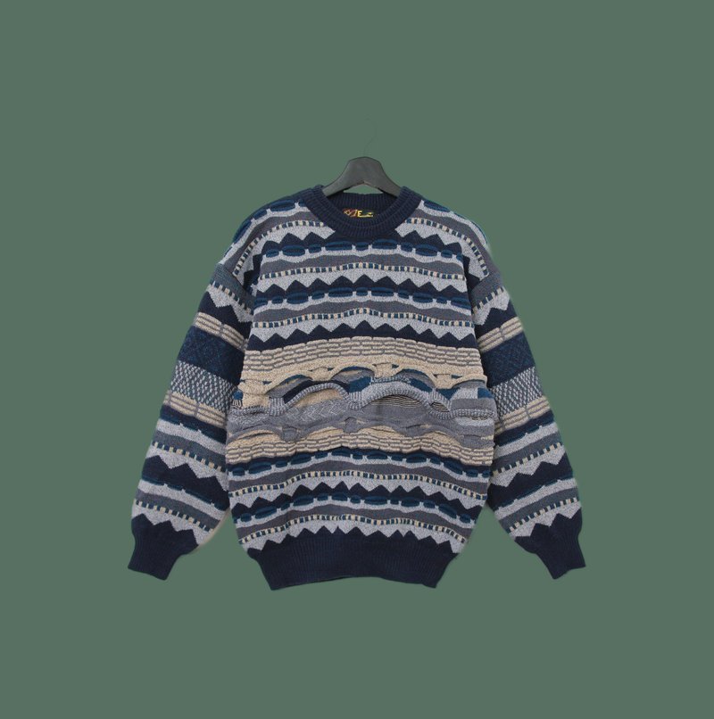 Back to Green-Vintage sweater dark blue wave rock formation semi-dimensional vintage sweater - Women's Sweaters - Nylon 