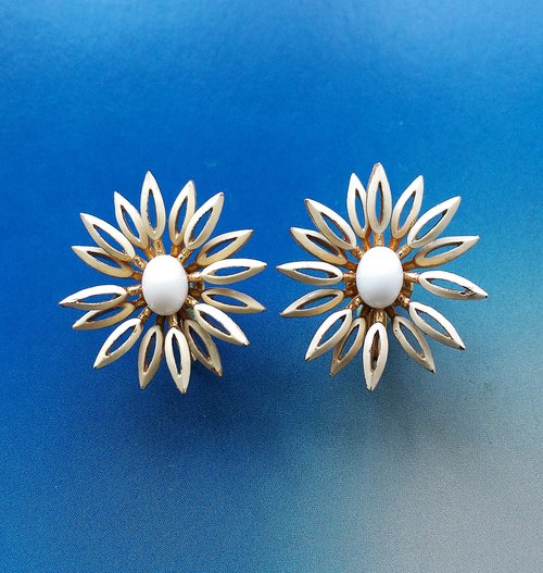 老時光角落 Vintage Jewelry 西洋古董飾品 TRIFARI 立體雙層 花瓣 夾式耳環