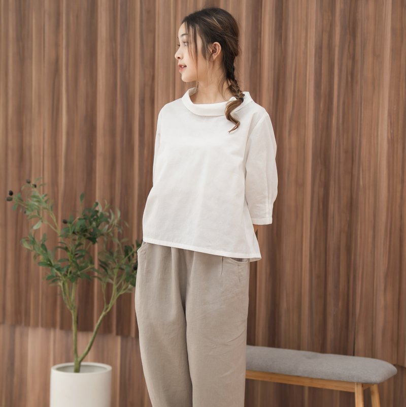 Natural Cotton Shirt Minimal Blouse Four - Quarter Sleeves Blouse - White - 女上衣/長袖上衣 - 棉．麻 白色