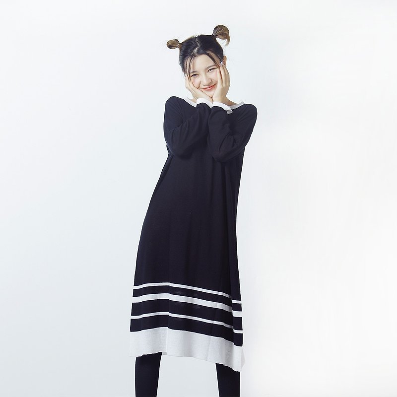 Black and white striped wool sweater dress dresses - imakokoni - ชุดเดรส - ขนแกะ สีดำ