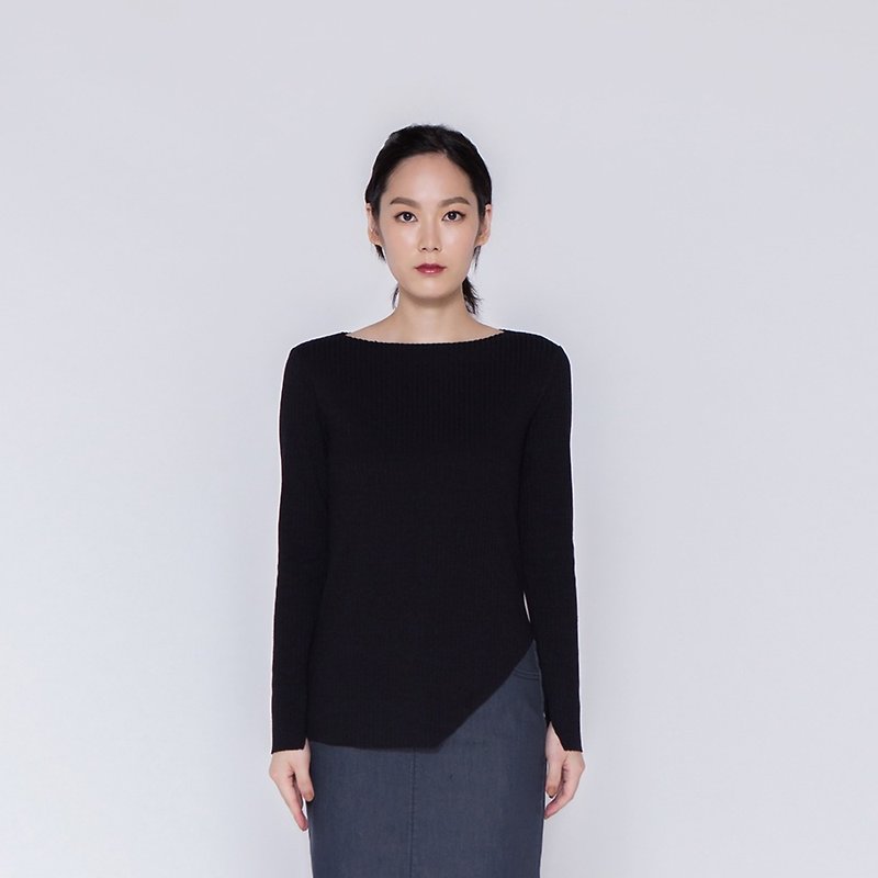 Wide collar diagonal rib top Bateau Neck Ribbed Knitwear - Women's Tops - Polyester Black