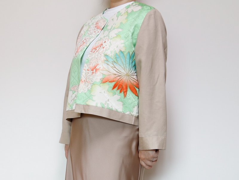 KIMONO CREW NECK JACKET -ヴィンテージ着物を使ったクルーネックジャケット １点物です - 女大衣/外套 - 聚酯纖維 綠色
