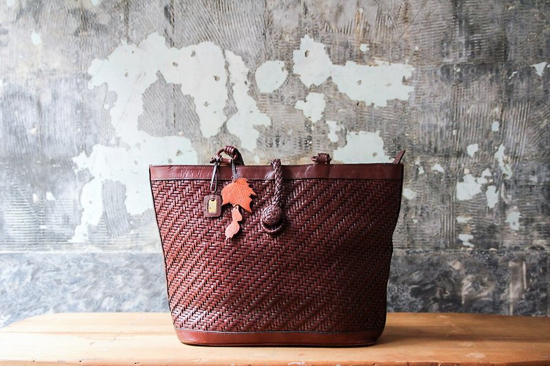Curly department store-Vintage brown woven cowhide shoulder bag retro with - Other - Genuine Leather 
