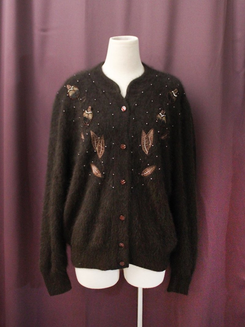 Vintage Japanese Forest Elegant Brown Leaf Embroidered Angora Wool Vintage Knit Sweater Jacket - Women's Sweaters - Wool Brown