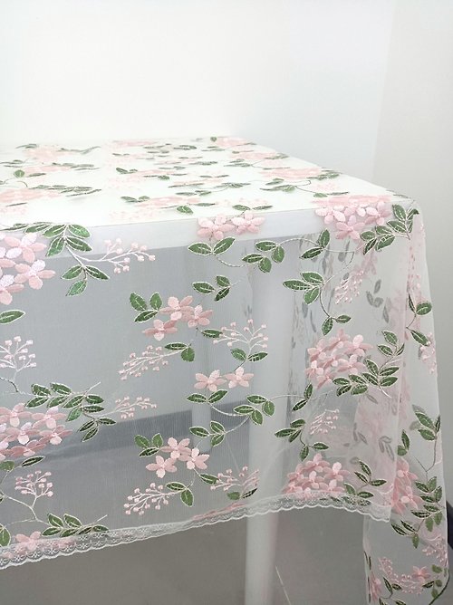 lemonccc 網紗花朵繡花桌巾桌布桌墊粉綠色網紗桌布