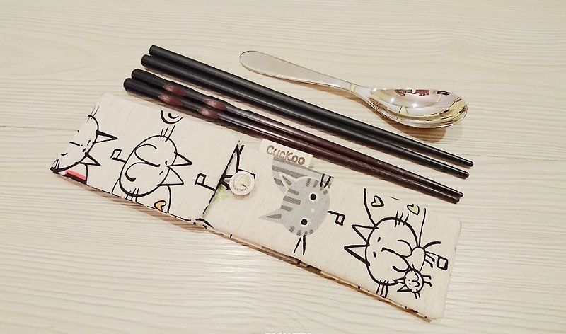 環保餐具收納袋 筷子袋 組合筷專用 雙層筷袋 貓咪款 - 餐具/刀叉湯匙 - 棉．麻 
