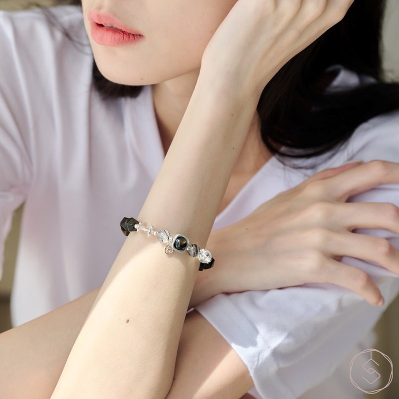 亞勒斯 | 金曜石 黑髮晶 白水晶 S925純銀 | 天然水晶手鍊 - 手鍊/手環 - 水晶 黑色