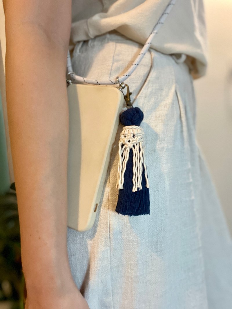 Macrame Braided Treasure Blue Fringe Charm - Keychains - Cotton & Hemp Blue