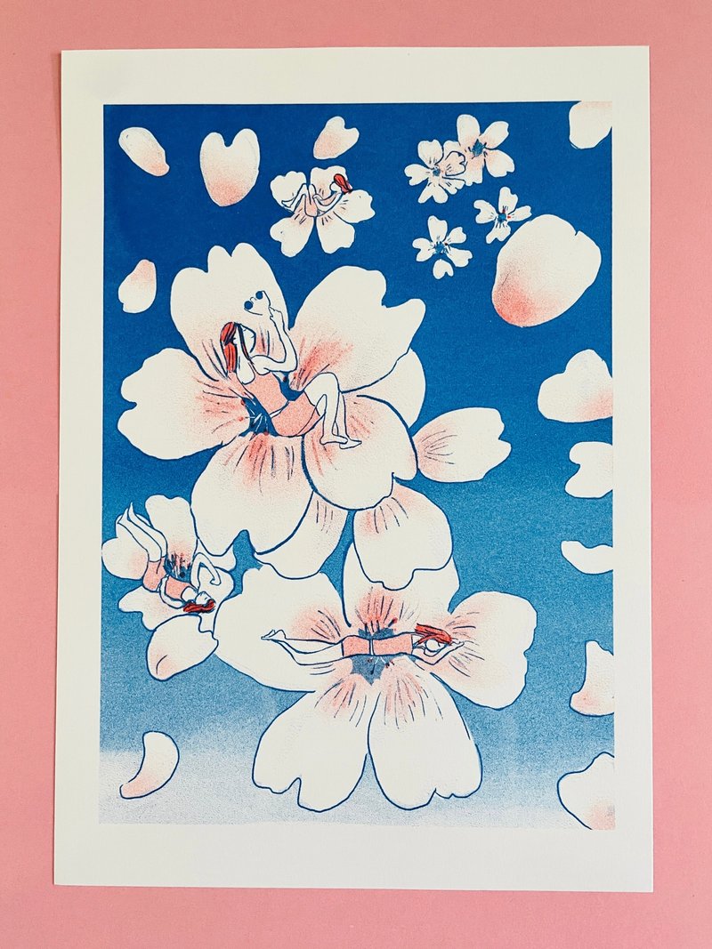 A4 Risograph Art Print. Cherry Blossom Spring Floral Dreams Riso Print - Posters - Paper Blue