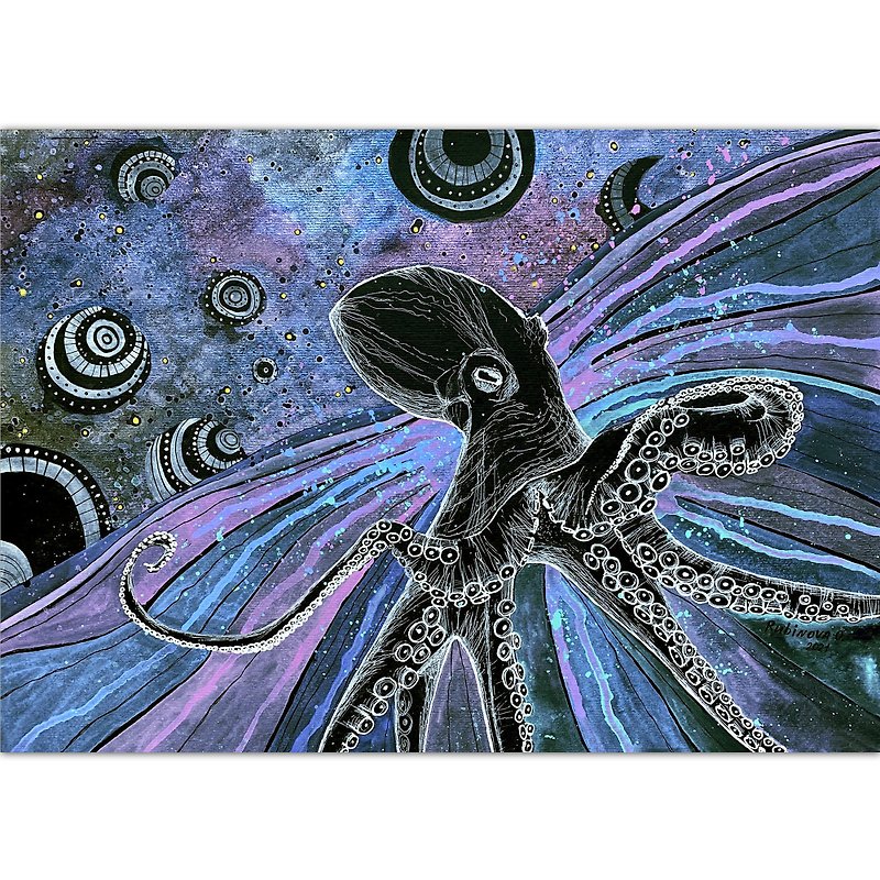 Octopus painting Futurism Original art Space wall art Black paper artwork - Posters - Paper Blue