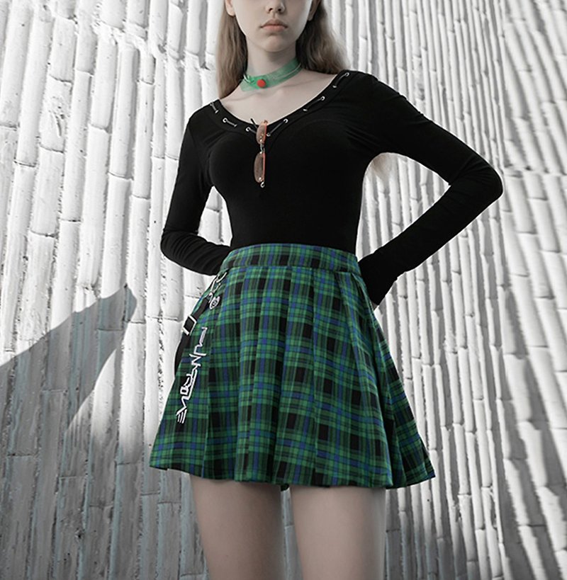 Scottish Girl Print Pleated Skirt-Multicolor - กระโปรง - วัสดุอื่นๆ สีเขียว