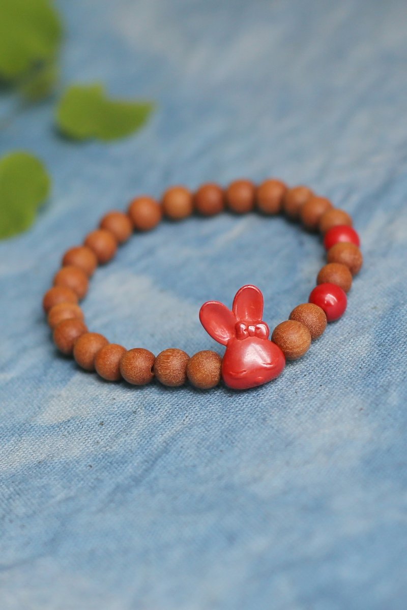 春秋手作 | 高含量帝王砂 | 兔子 檀木手鏈 | 闢邪 揪吉 - 手鍊/手環 - 半寶石 紅色