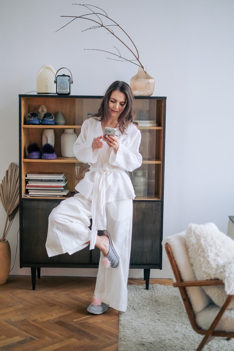Linen suit jacket and trousers, Linen clothes, Linen kimano, Linen pants - 女長褲 - 亞麻 白色